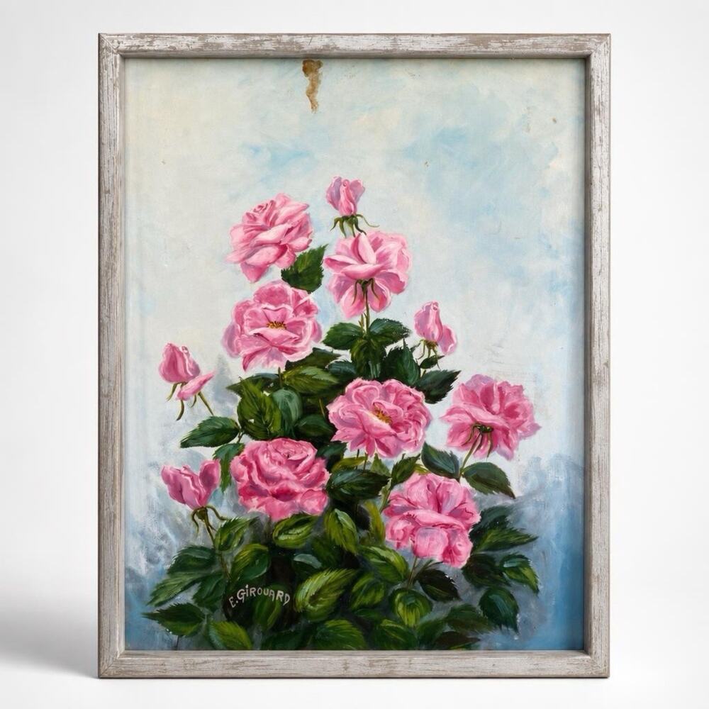 BREATHTAKING VTG Rose Original OIL PAINTING PINK ROSES Vertical Framed Cottage